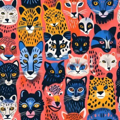 Sparse arrangement of animal faces in a scattered pattern, pastel coral backdrop, psychedelic style, vibrant and lively