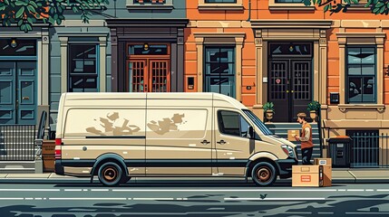 Obraz premium A delivery driver loading packages into a van, with a Labor Day celebration sticker on the vehicle door.
