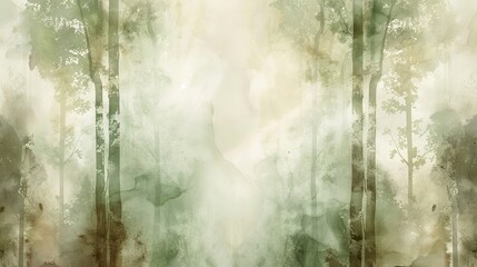 Tranquil wallpaper with greens and browns tree trunks and radiant light