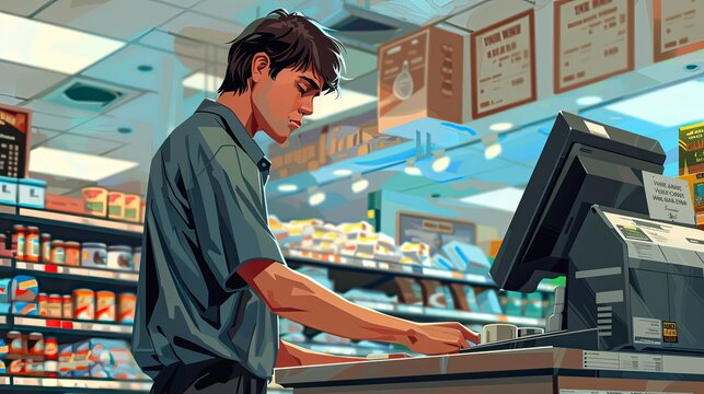 A grocery store cashier scanning items, with a Thank You for Your Hard Work on Labor Day sign next to the register. - Powered by Adobe