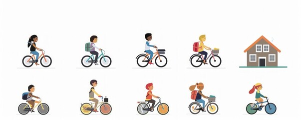 School activity icons on white, featuring cycling students and class participation.