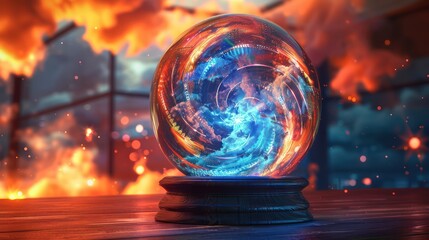 conceptual piece on financial forecasting, featuring a digital crystal ball showing swirling data clouds predicting future market trends