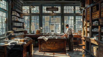 A postal worker sorting mail in a post office, with a Happy Labor Day banner hanging above the sorting area.