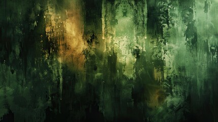 Fototapeta premium Fluid brush strokes in moss green and umber with tree bark background glowing mist