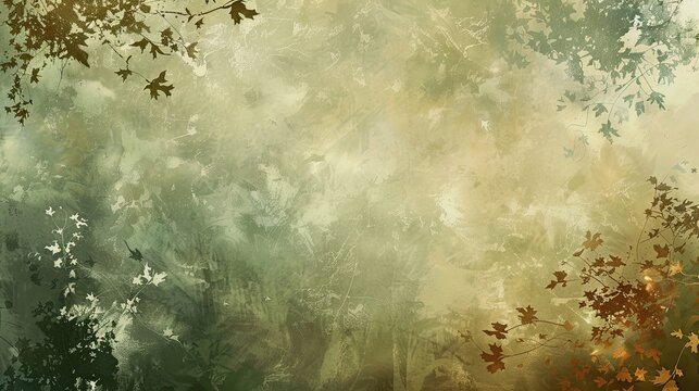Sweeping brush strokes in adobe and green with autumn leaves and light ray background