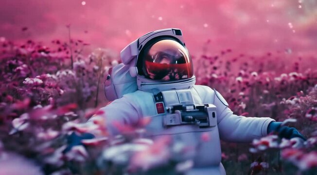 An astronaut explorer lies in a field of blooming flowers on a beautiful planet. The animation is fantastic, the backgrounds are futuristic or space travel.