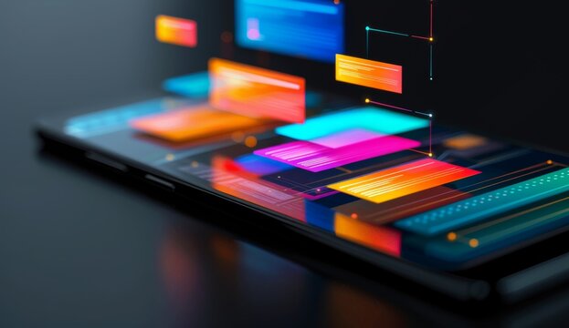 A digital illustration of an app on a mobile device with colorful web pages floating above the screen, representing advanced online services and applications