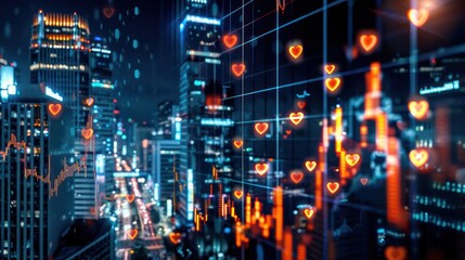 conceptual piece showing the pulse of the stock market, with glowing heartbeats over a background of financial districts at night