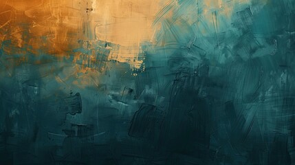 Abstract background with brush strokes in ochre and teal blurry rocks glowing light
