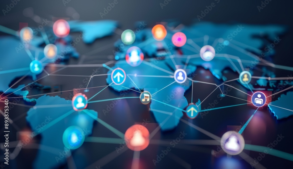 Poster a digital map of the world with interconnected nodes representing global network connections
