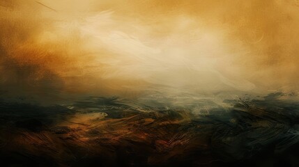 Brush strokes in amber and olive blurry rocky shorelines warm glow