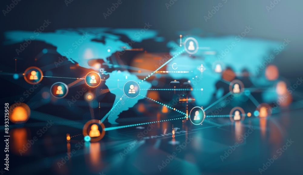 Poster a digital map of the world with interconnected nodes representing global network connections