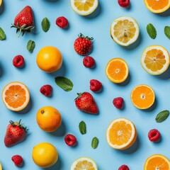 Sparse arrangement of fruits in an abstract pattern, pastel blue background, pop art style, playful and bright, flat lay