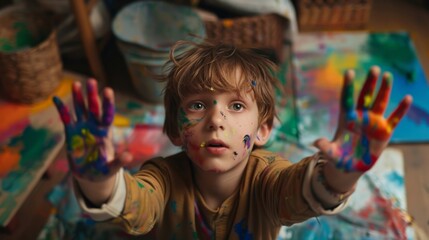 Child with colorful painted hands in home art studio. Young aspiring artist expresses creativity through painting. Inspirational creativity.