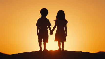 Fototapeta premium Beautiful silhouette of siblings standing hand in hand on a sandy dune.