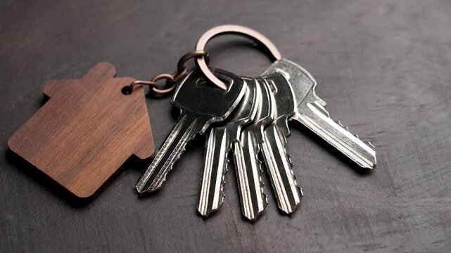 A wooden house charm with a keyring attached to a bundle of shiny keys on a dark surface. Rotation