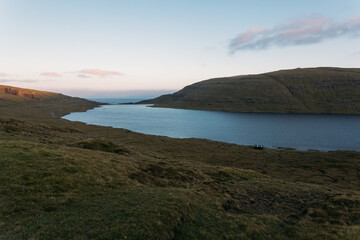 Fototapeta premium Faroe island beautiful landscape in summer time with sun
