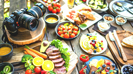 Digital camera placed on wooden table next to the plates full of various foods including fruits, vegetables and meat. Healthy eating diet blogger photography, internet hobby, video recording