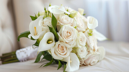 Obraz premium Elegant Wedding Bouquet with White Roses and Calla Lilies. Symbol of Love and Commitment