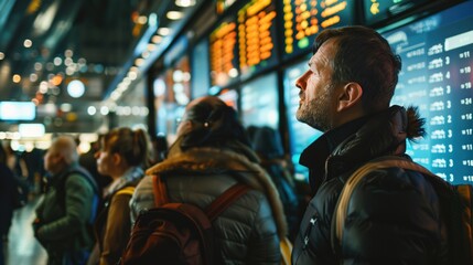Obraz premium Portrait conceptual photography of passengers crowded around flight information screens, showing numerous delays and cancellations, anxiety and confusion on their faces, high-resolution, detailed