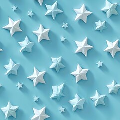 Sparse arrangement of stars in a geometric pattern, pastel blue background, pop art style, playful and bright, flat lay