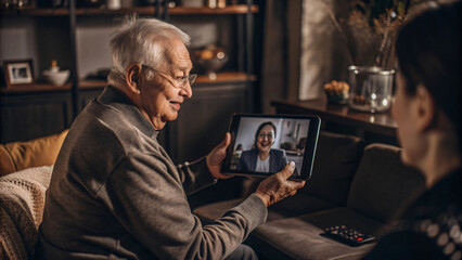 Connecting Across Miles: A heartwarming scene of an elderly man video chatting with a loved one, capturing the essence of long-distance relationships and the power of technology to bridge gaps. 