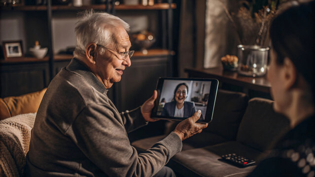 Connecting Across Miles: A heartwarming scene of an elderly man video chatting with a loved one, capturing the essence of long-distance relationships and the power of technology to bridge gaps. 