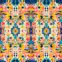 Naklejka premium Sparse arrangement of symbols in a kaleidoscopic pattern, pastel coral backdrop, psychedelic style, vibrant and lively