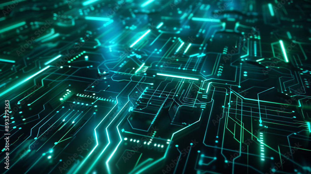 Poster futuristic digital circuit board with glowing lines creating a high-tech and modern vibe with copy s