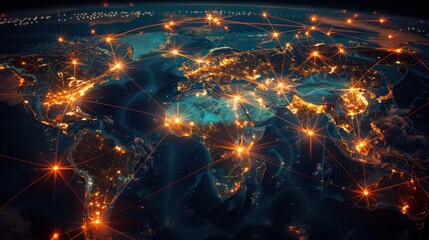 conceptual visualization of a global financial network, with nodes and connections glowing brightly on a dark map of the world