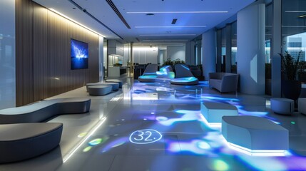 contemporary corporate lounge with interactive digital floor projections and sleek modular seating