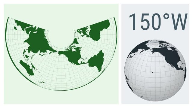 World Map Animation. Albers equal-area conic projection. Solid color style. Animated world map in Albers projection. Loopable animation showing longitude shift and matching globe.