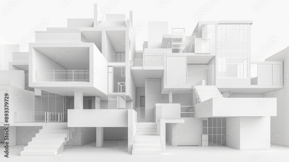 Poster modern architectural design featuring abstract white structures creating a minimalist and contempora