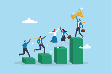 Team growth, growing business success, employee engagement, career progress, achievement or challenge, corporate ladder, motivation to win together concept, business people climb up growth graph.