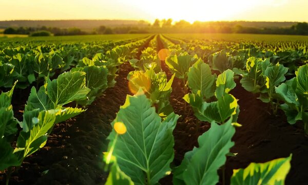 Field of sugar beets ready to be harvested in the sun 4K hyperrealistic video