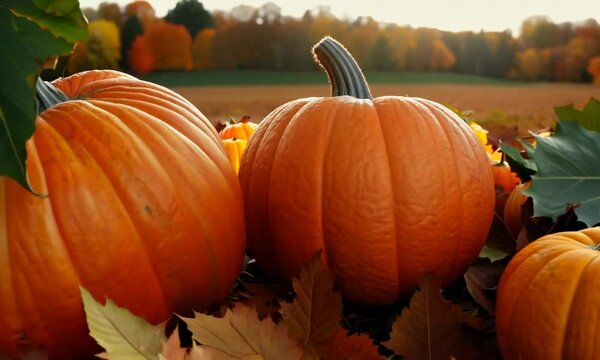 Autumns bounty A harvest of pumpkins and leaves 4K hyperrealistic video