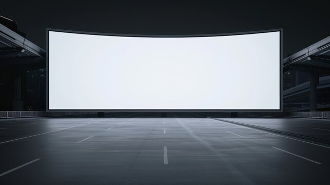 Empty large curved white screen in a dark parking lot, perfect for displaying advertisements or digital content presentations.