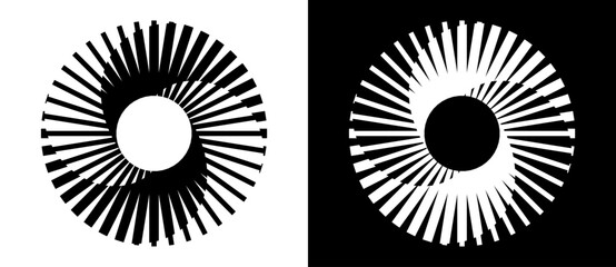 Lines in circle abstract background. Dynamic transition illusion. Black shape on a white background and the same white shape on the black side.