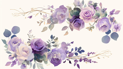 Delicate watercolor floral arrangement featuring purple roses and greenery creating an elegant and romantic visual with copy space text for wedding themes