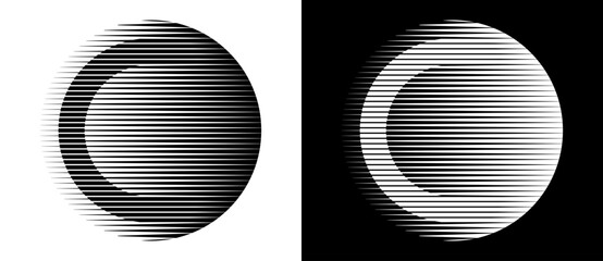 Transition parallel lines in circles. Abstract art geometric background for logo, icon, tattoo. Black shape on a white background and the same white shape on the black side.