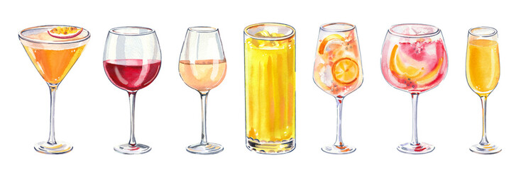 Set of watercolor hand painted cocktails, white red and sparkling wine glass simple sketch illustration on white background DIY elements for bar menu social media ads and posters
