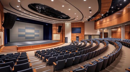 corporate auditorium with tiered seating, a large stage, and advanced audio-visual equipment