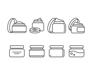 Collection vector icons of beauty, cosmetics and care. Bottle, jar, shower gel, face cream, body lotion, spray, ointment, paste.