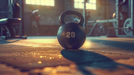 The Weight on Gym Floor Description: Heavy kettlebell resting in a well-lit gym space.