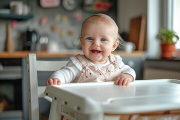 Cute little baby girl sitting in highchair at home and smiling