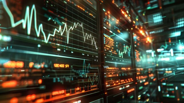 a series of graphs and charts projected on transparent screens. The atmosphere implies high-tech, in a financial institution or command center - Powered by Adobe