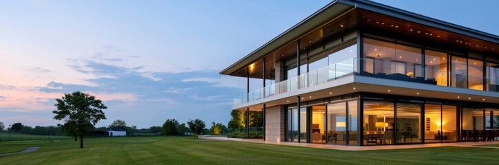 A modern, two-story house with large glass windows and an open balcony on the second floor