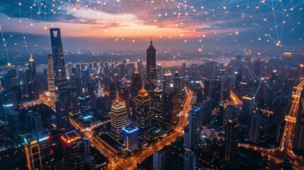 Obraz premium The sky above the city is decorated with digital lines giving it a future or digital look. real urban environment with digital elements, symbolizing connectivity and technological advancement.