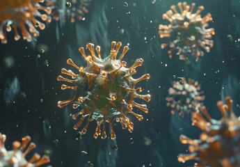 Microscopic Menace: 3D Rendered Virus Close-up on Dark Abstract Background. Cutting-edge Biomedical Research Visualization for Disease Study, Immunology Breakthroughs, and Viral Pathogen Analysis. 4K 