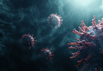 Microscopic Menace: 3D Rendered Virus Close-up on Dark Abstract Background. Cutting-edge Biomedical Research Visualization for Disease Study, Immunology Breakthroughs, and Viral Pathogen Analysis. 4K 